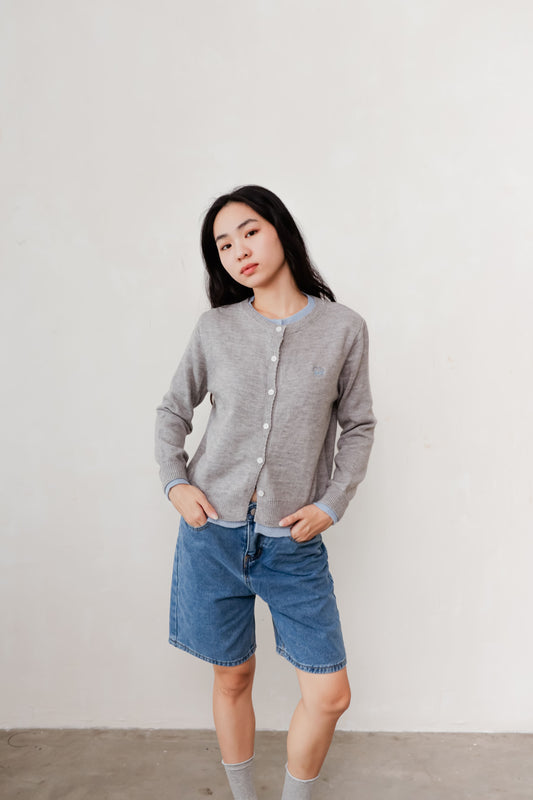 Grey and blue Duet Cardigan with layered two-in-one look – relaxed fit with contrast inner panel detail