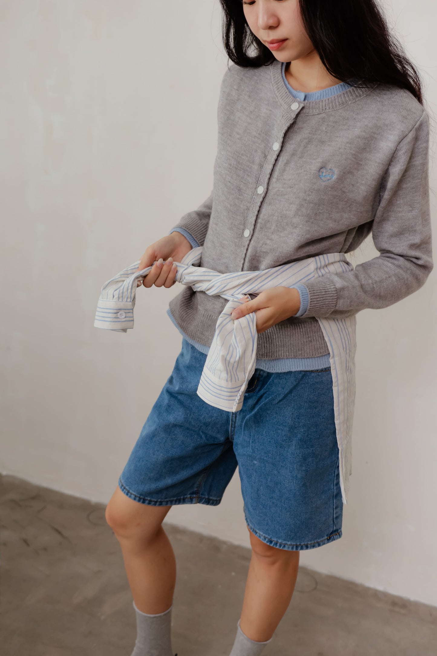 Grey and blue Duet Cardigan with layered two-in-one look – relaxed fit with contrast inner panel detail