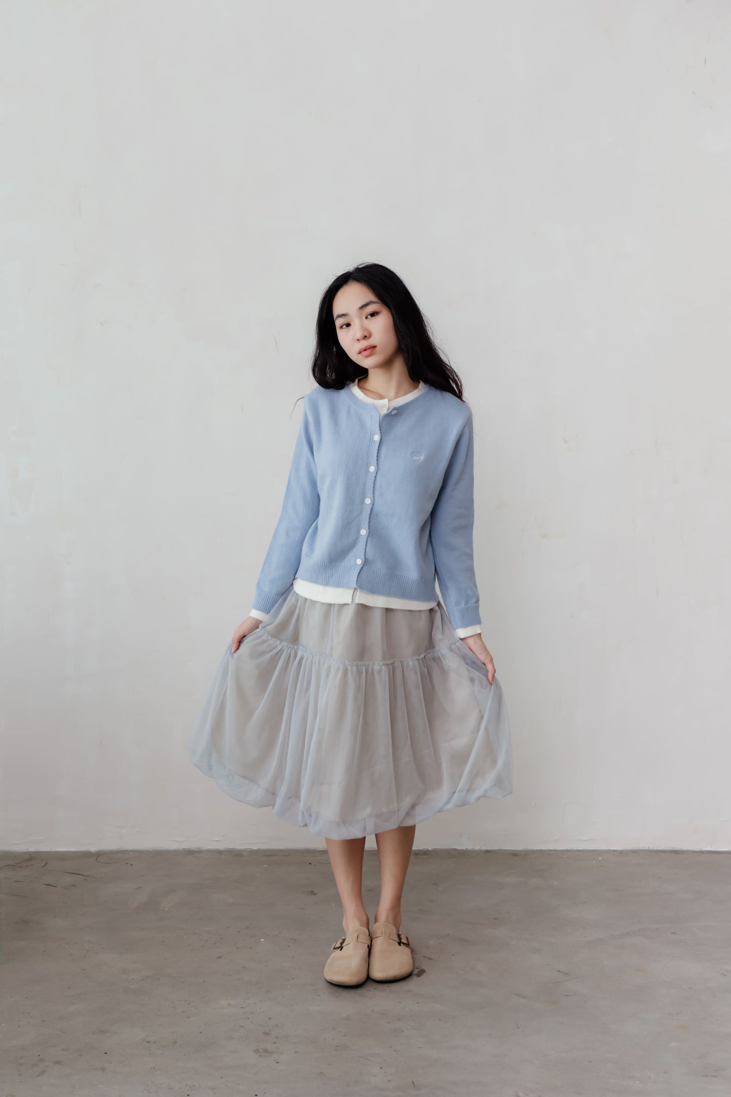Blue and white Duet cardigan with layered two-in-one look – relaxed fit with contrast inner panel detail