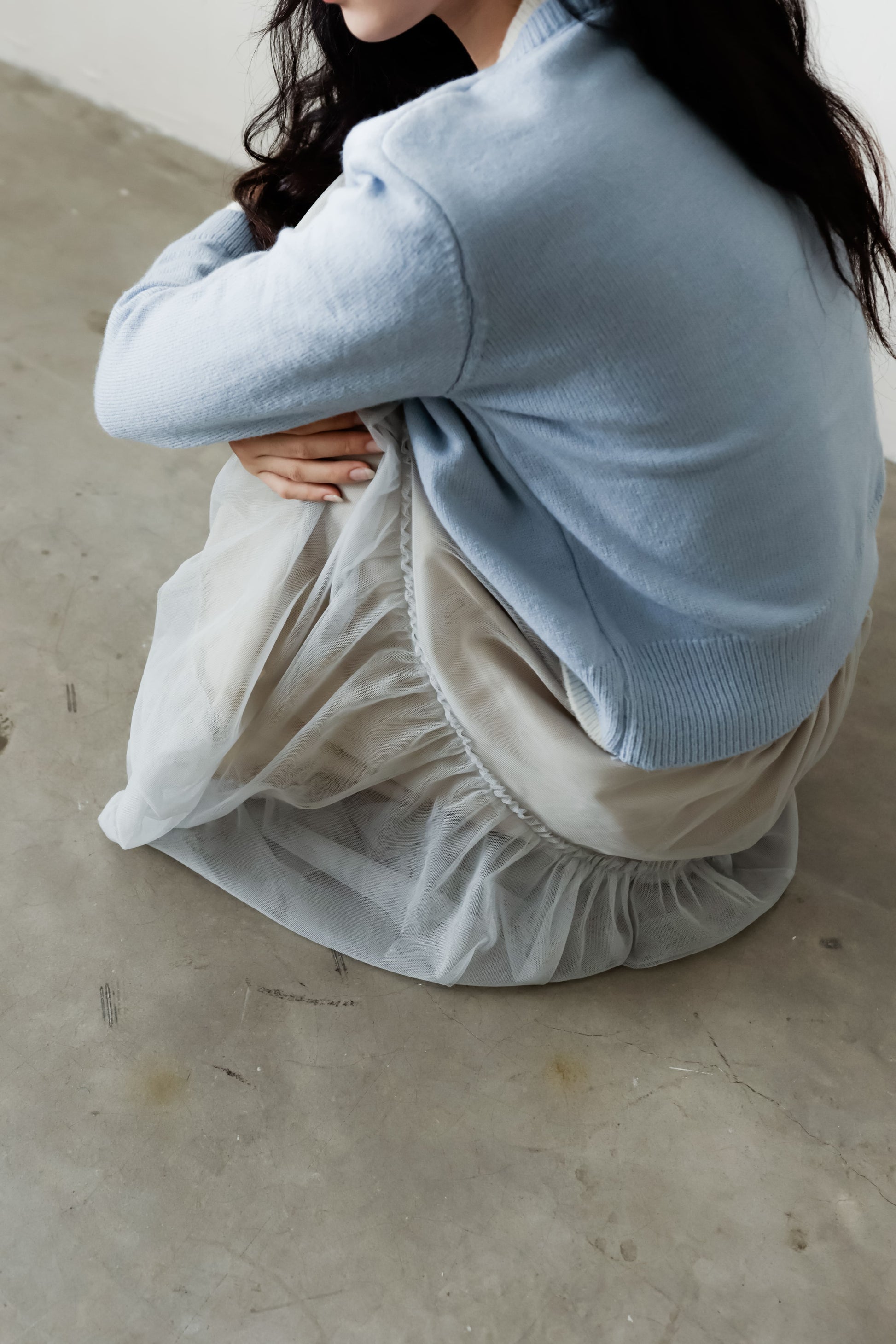 Blue and white Duet cardigan with layered two-in-one look – relaxed fit with contrast inner panel detail