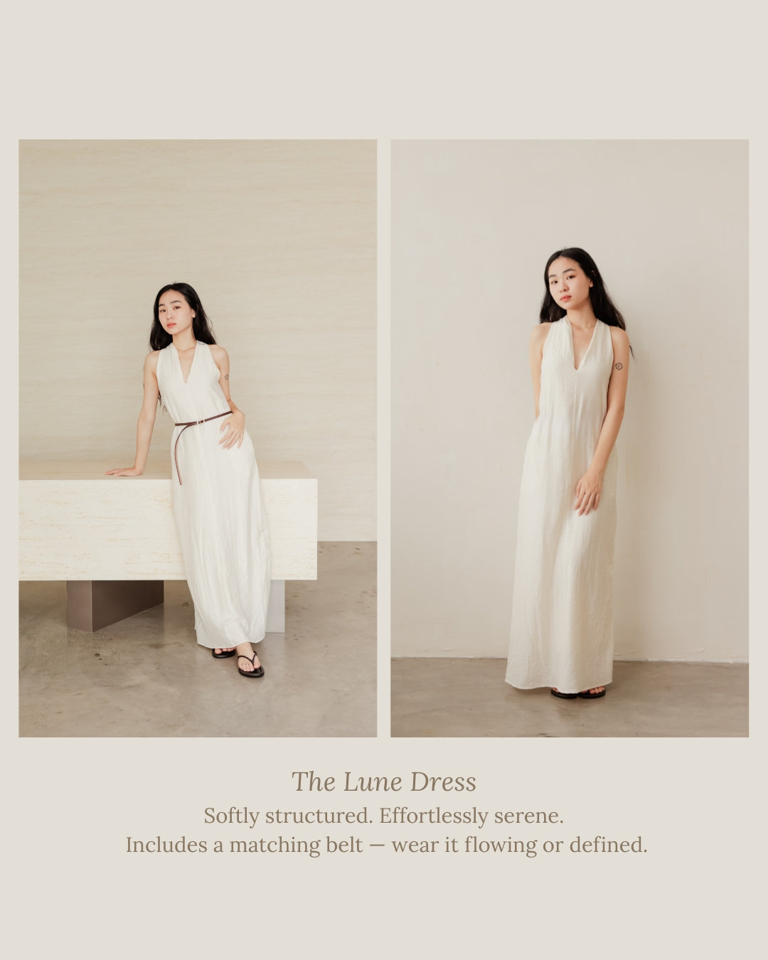 Cream Lune maxi dress with flowy silhouette and free belt – effortless one-piece for everyday wear