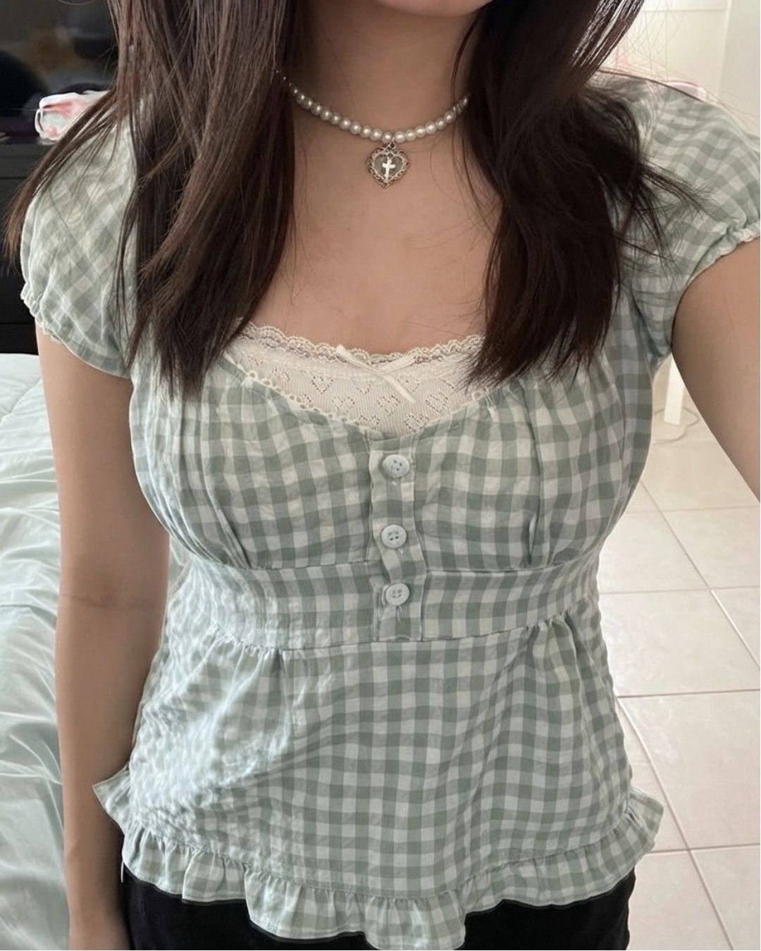 Sage Gingham Babydoll Blouse