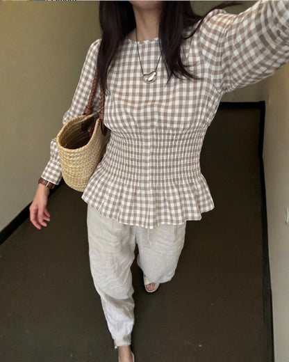 Picnic Smocked Blouse in Mustard Gingham