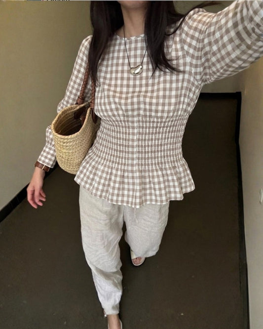 Picnic Smocked Blouse in Mustard Gingham