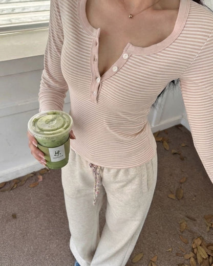 Henley Long Sleeve Top in Pink