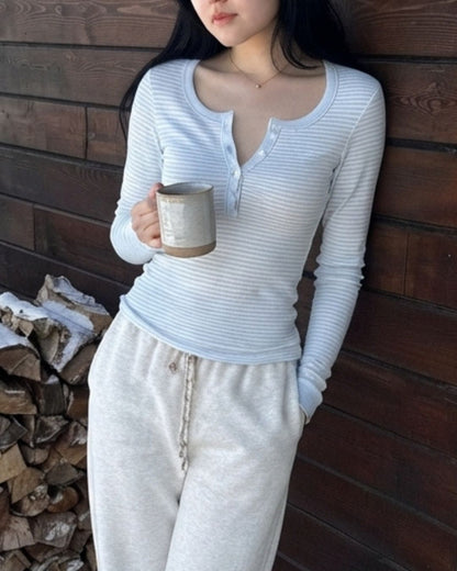 Henley Long Sleeve Top in Blue