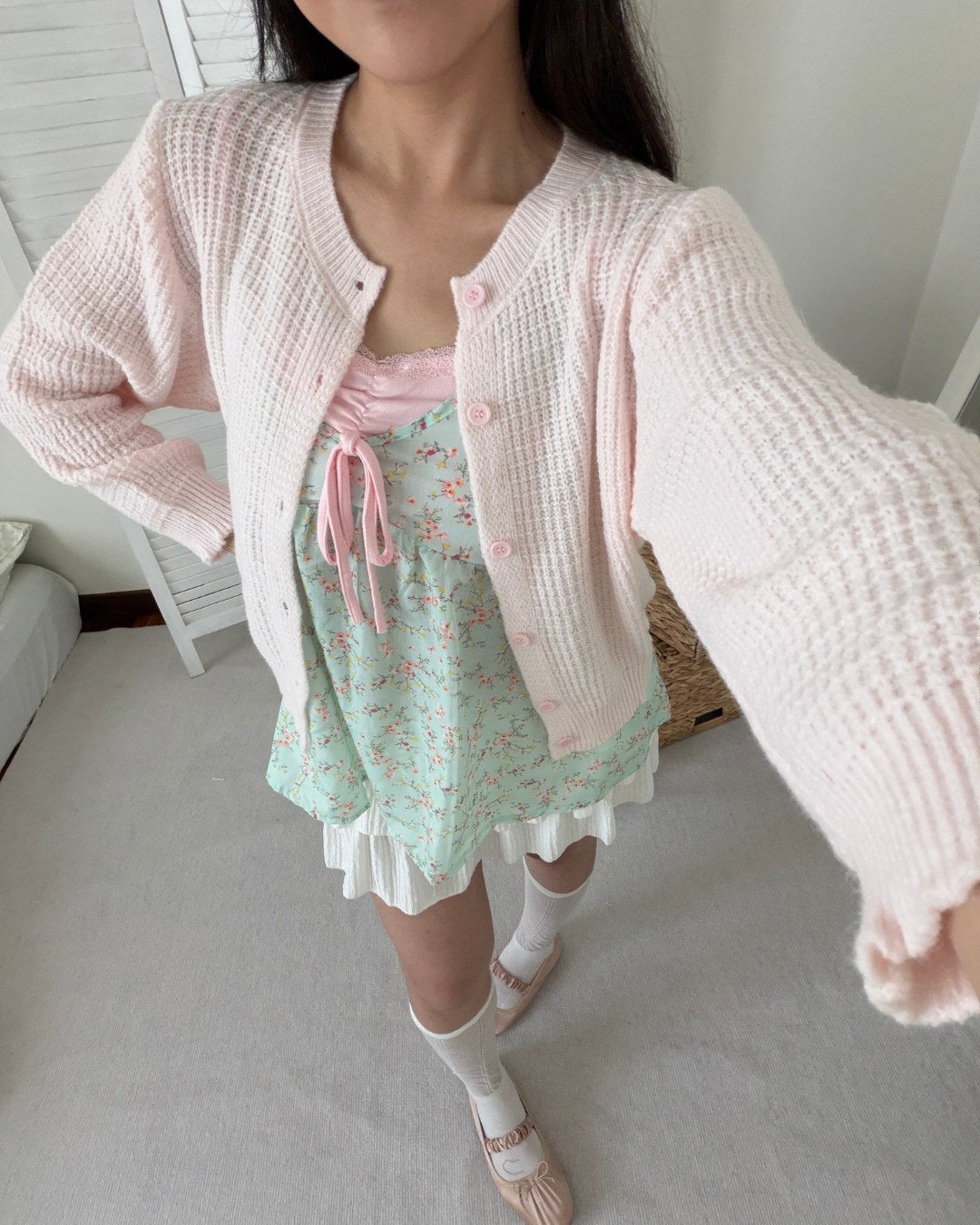 Waffle Knit Cardigan in Pink