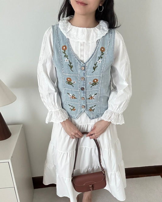 Denim Floral Vest (Size S,M,L)