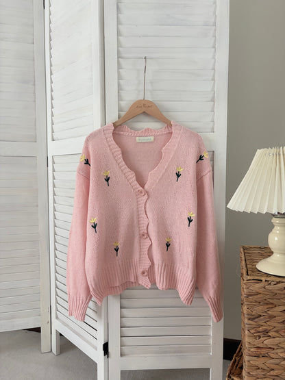 [SALE] Spring Floral V-Neck Cardigan in Pink