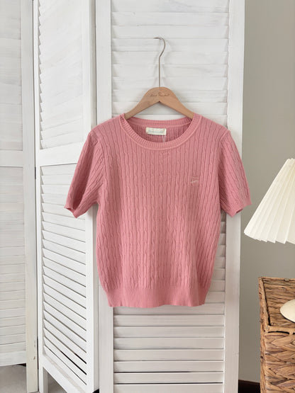 [SALE] Classic Cable Knit Short Sleeve Top in Pink