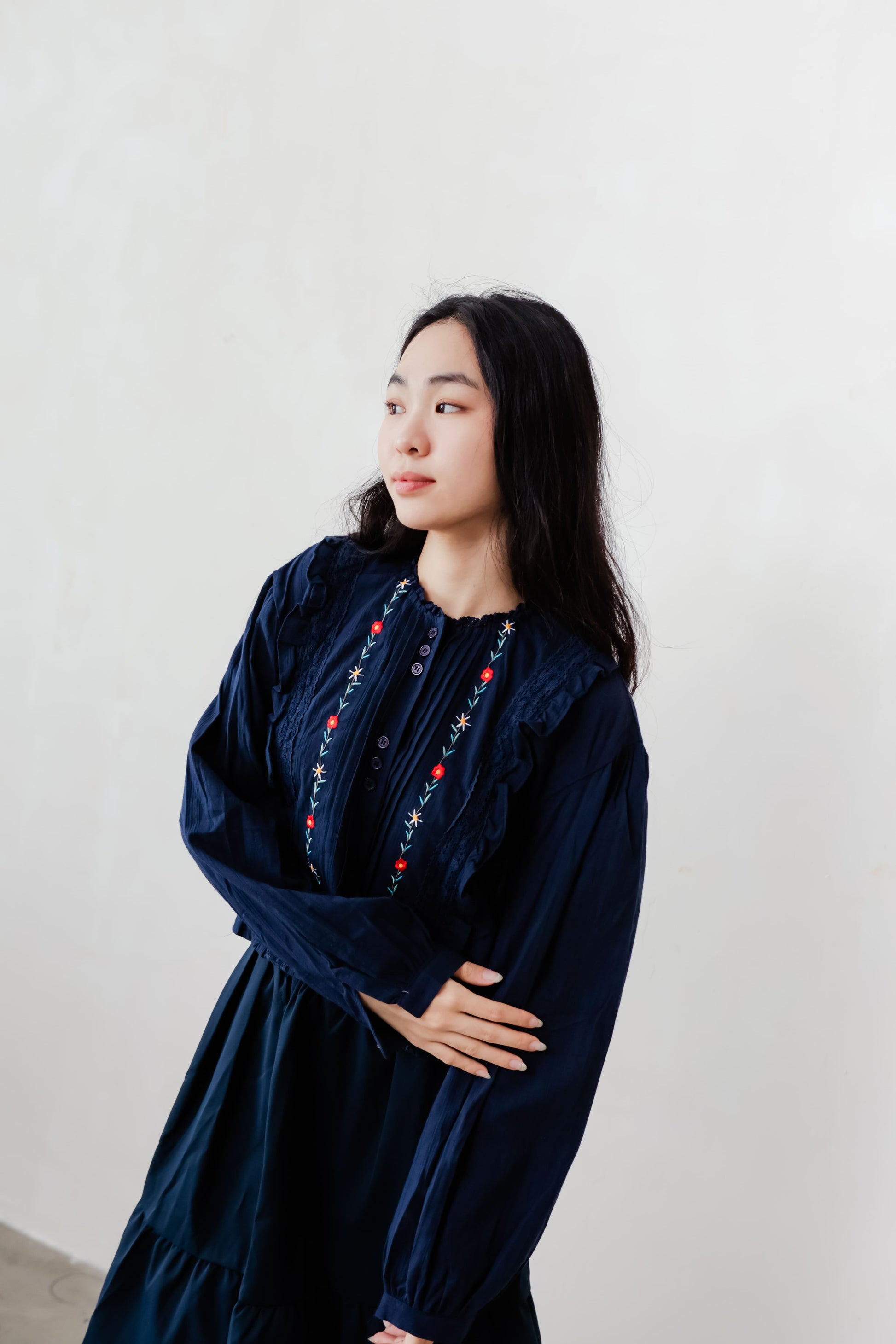 Navy Blue blouse with delicate floral embroidery – lightweight and easy to style for warm days