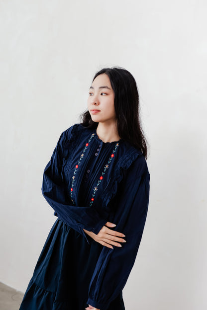 Navy Blue blouse with delicate floral embroidery – lightweight and easy to style for warm days