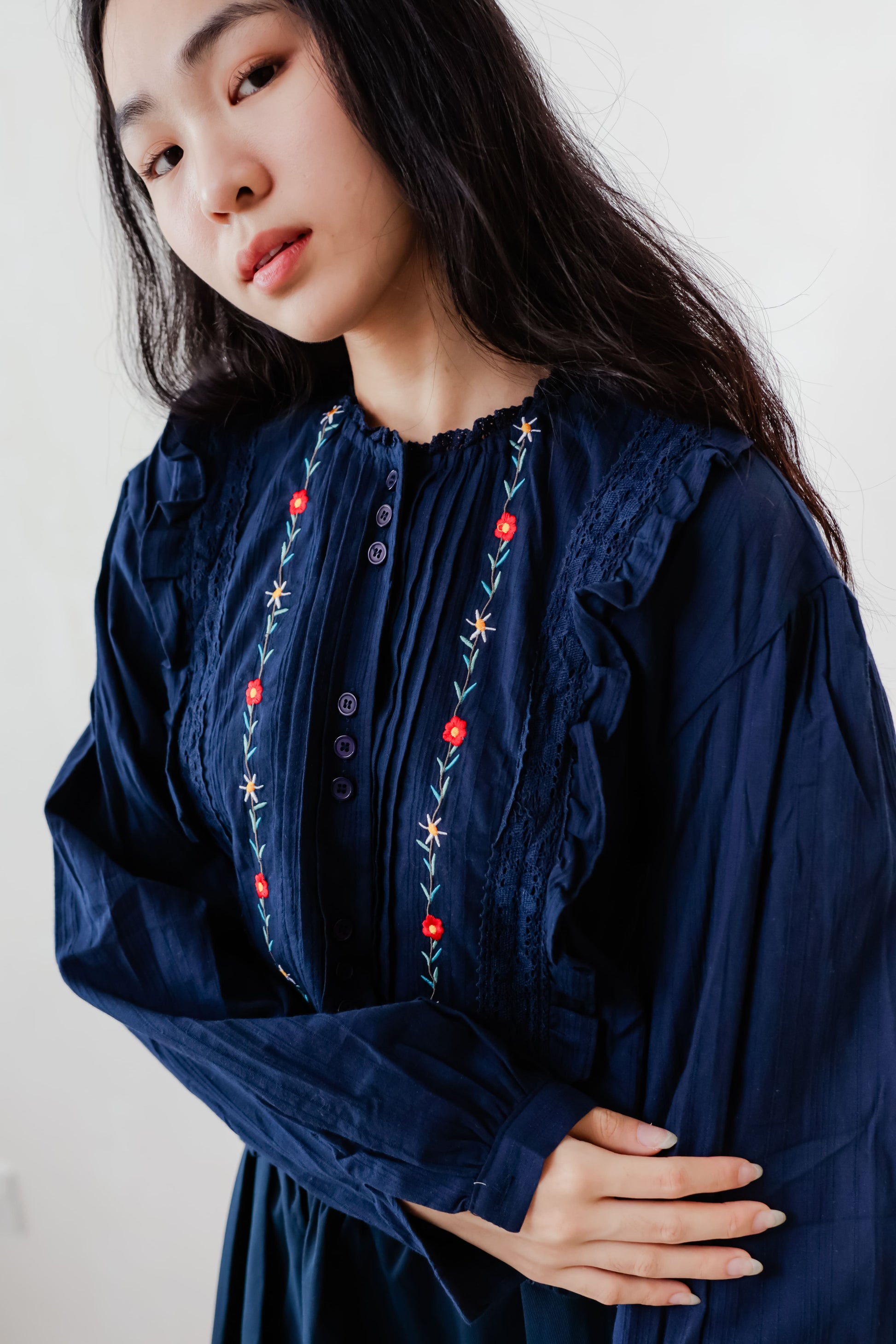 Navy Blue blouse with delicate floral embroidery – lightweight and easy to style for warm days