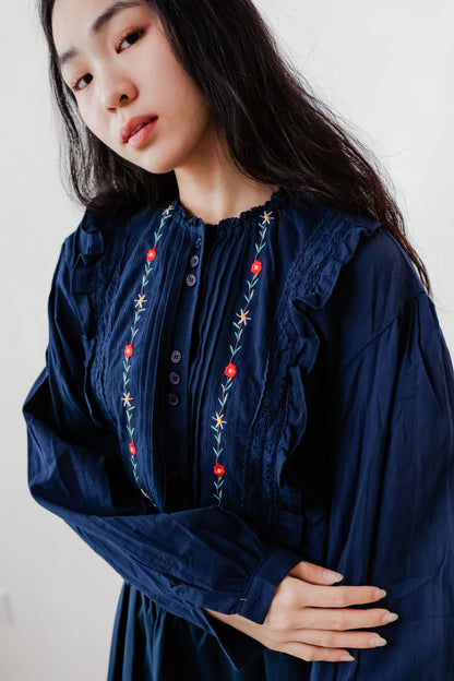 Navy Blue blouse with delicate floral embroidery – lightweight and easy to style for warm days