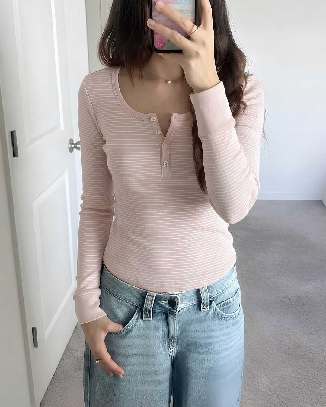 Henley Long Sleeve Top in Pink