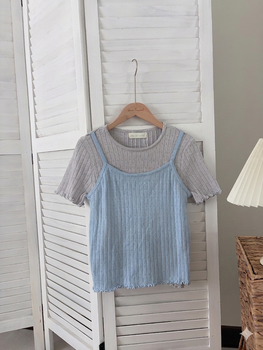 [SALE] 2-Piece Effect Pointelle Knit Top